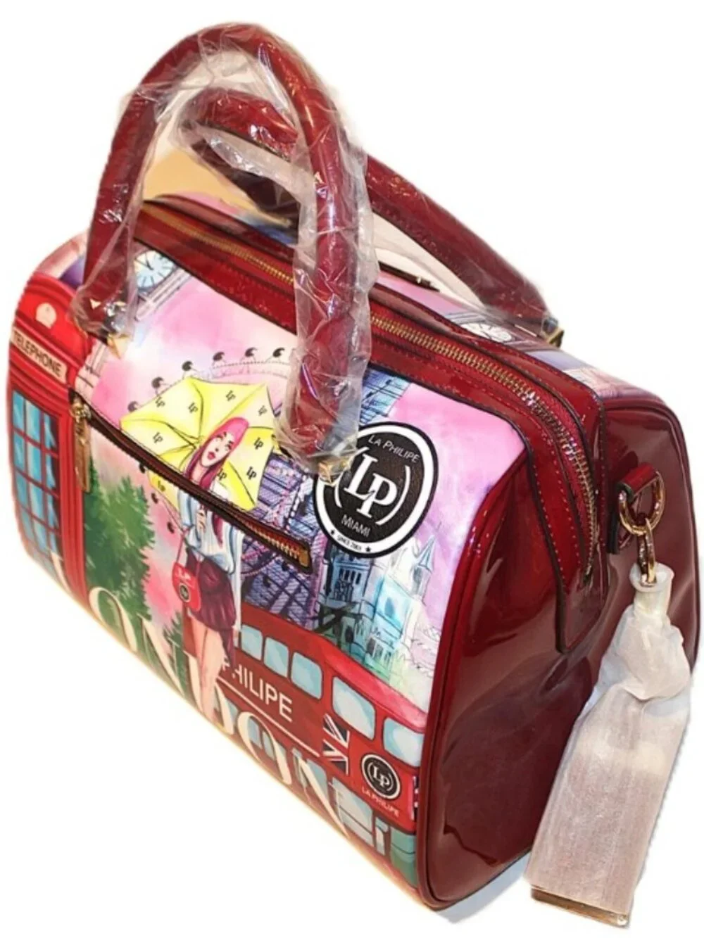 LP La Philipe Purse "Umbrella in London" Handbag Red Large Bag Black Tote LP1020 - Picture 5 of 16